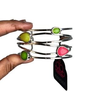Paparazzi | Silver Tone Pink Green Faux Gemstones Bangle Cuff Bracelet
